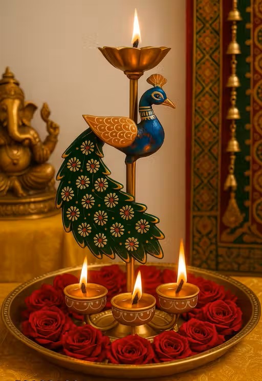 Majestic Peacock Iron Diya Stand – Hand-Painted Traditional Decor