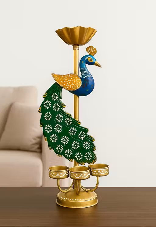 Majestic Peacock Iron Diya Stand – Hand-Painted Traditional Decor