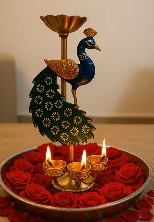 Majestic Peacock Iron Diya Stand – Hand-Painted Traditional Decor